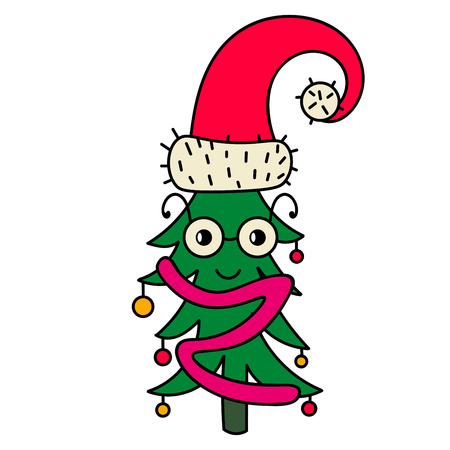 Cute smiling Christmas tree character in a Santa hat, glasses, toys and garland isolated on white background.のイラスト素材