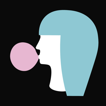 Girl with blue hair and bubble gum. Silhouette. Vector illustration.のイラスト素材