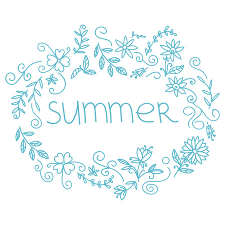 Summer postcard. Doodle summer card with floral elements, flowers, sun, curly lines. Vector illustration.のイラスト素材