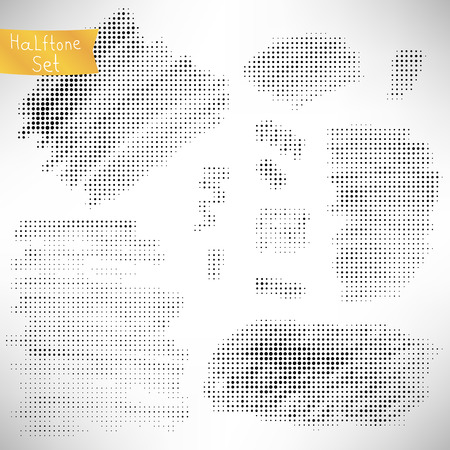 Set of black halftone elements, banners, textures isolated on white.  Dotted texture. Grunge dot elements. Vector illustration.のイラスト素材