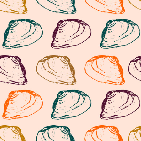 Hand drawn sketched sea shells in a horizontal rows seamless pattern on pastel pink background. Vector illustration.のイラスト素材