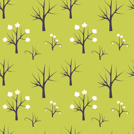 Forest seamless pattern. Background with bare tree, blooming tree, branches. Vector illustration.のイラスト素材