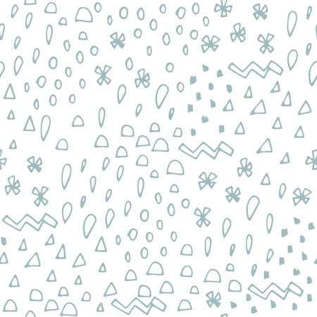Hand drawn abstract seamless pattern with different shapes: triangle, drop, dot, zigzag. Geometric background in Memphis style. Vector illustration.のイラスト素材