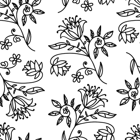 Doodle abstract floral seamless pattern with flowers, branches and leaves. Vector illustration.のイラスト素材