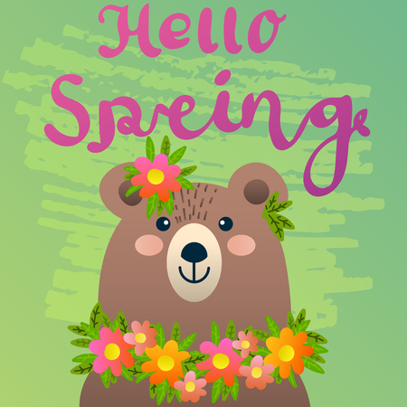 Cute bear with flowers. Hello Spring greeting card. Vector illustration.のイラスト素材