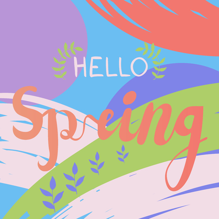 Floral card with branches, leaves, plants, flowers. Hello spring. Vector illustration.のイラスト素材