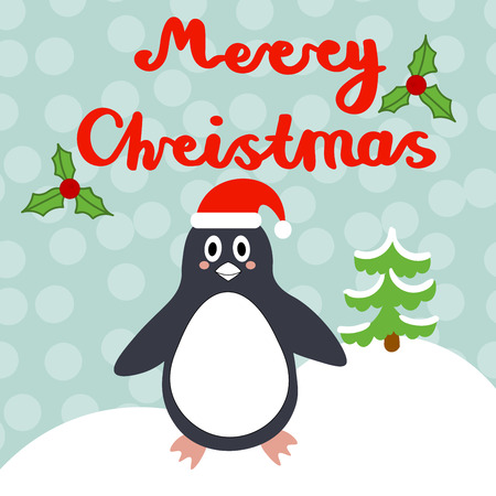Merry Christmas greeting card with cute penguin, lettering, Holly Berry isolated blue background. Vector illustration.のイラスト素材