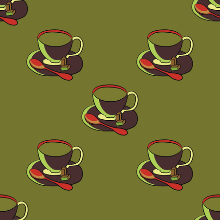Seamless tea pattern. Cup of tea on a saucer with a teaspoon and sugar slices. Cute background.のイラスト素材