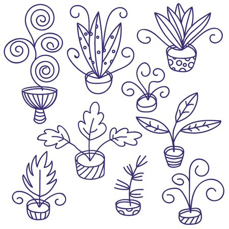 Set of plants, flowers in the pots isolated on white background. Vector illustration.のイラスト素材