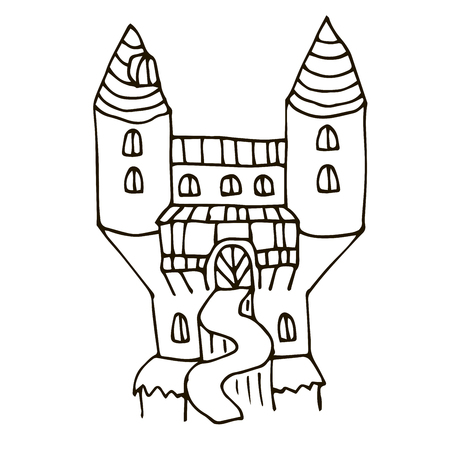 Cartoon doodle linear castle isolated on white background. Vector illustration.のイラスト素材