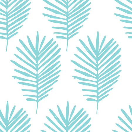 Tropical background with blue hand drawn palm leaves on white. Tropic seamless pattern. Vector.のイラスト素材