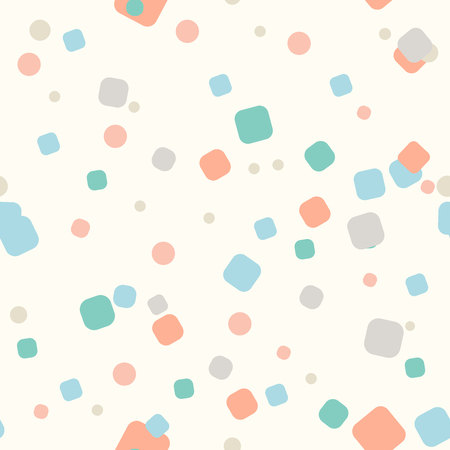 Pastel messy round rectangles and dots on creme background. Festive seamless pattern with orange, pink, blue, gray, green round shapes. Grunge dotted texture. Vector illustration.のイラスト素材