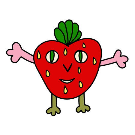 Cute colorful cartoon red happy strawberry character with green leaves and yellow seeds isolated on white background. Vector illustration.のイラスト素材
