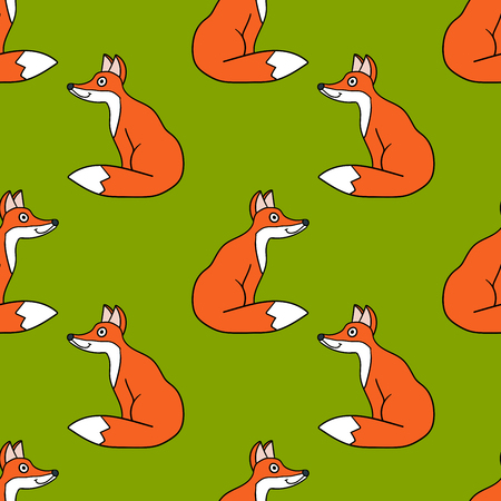 Seamless pattern with cartoon doodle linear fox isolated on background. Vector illustration.のイラスト素材