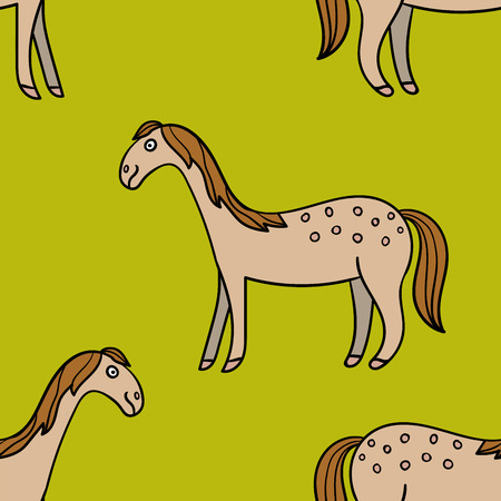 Cute colorful seamless pattern with hand drawn smiling horse with thin line contour isolated on green background. Vector illustration.のイラスト素材