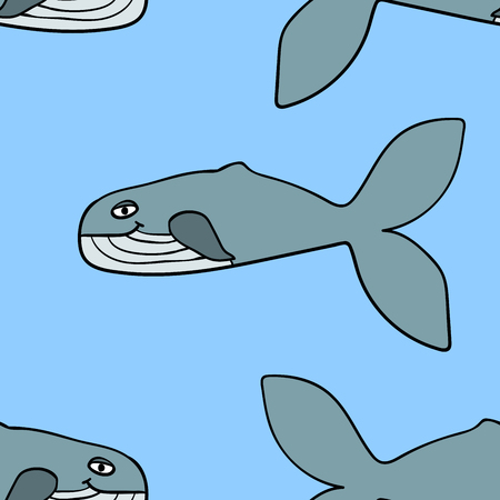 Seamless pattern with cartoon doodle happy whale. Ocean background. Vector illustration.のイラスト素材