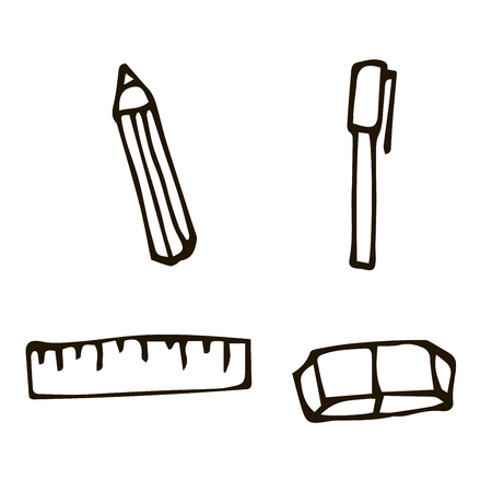Cartoon doodle linear stationery isolated on white background. Pencil, pen, eraser, ruler. Vector illustration.のイラスト素材