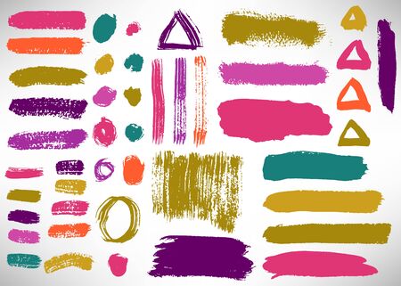 Set of colorful hand drawn grunge elements, geometrical shapes, triangles, rings, circles, banners, brush strokes isolated on white. Vector illustration.のイラスト素材