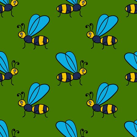 Seamless pattern with cartoon doodle linear midge, fly. Childlike insect background. Vector illustration.のイラスト素材