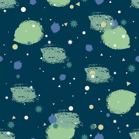 Abstract seamless pattern with colorful chaotic small circles, stars and triangles, grunge brush strokes. Infinity confetti geometric pattern. Vector illustration.のイラスト素材