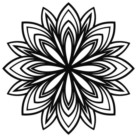 Flower blossom close-up view from above for coloring book. Flowering doodle floral element. Mandala black contour isolated on white background. Geometric circular pattern. Vector illustration.のイラスト素材