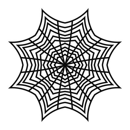 Round doodle spiderweb icon isolated on white background. Black outline web. Geometric tangled circle cobweb. Halloween design element. Vector illustration.のイラスト素材
