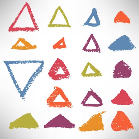 Colorful set of hand drawn grunge triangles, frames, elements for design. Geometrical shapes collection isolated on white background. Vector illustration.のイラスト素材