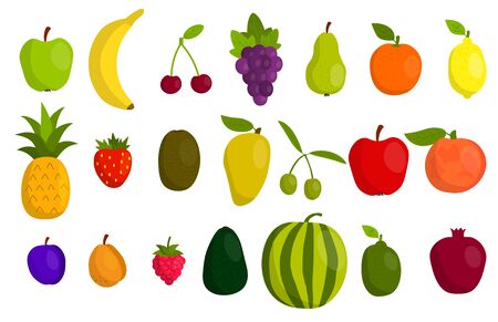 Cute cartoon fruits set in flat style isolated on white background. Icons. Vector illustration.  のイラスト素材