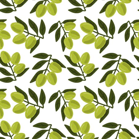 Green olive branch with berries and leaves seamless pattern. Vegetables background. Vector illustration.のイラスト素材