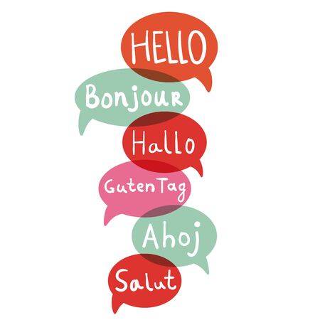 Words hello with speech bubbles on different languages. Hand drawn text isolated on white background.  Vector illustration.のイラスト素材