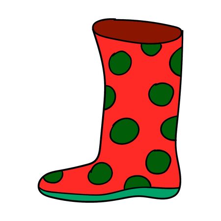 Cartoon linear doodle rubber boot with polka dot isolated on white background. Vector illustration.のイラスト素材