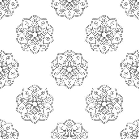 Fantasy seamless pattern with ornamental mandala. Abstract round doodle flower background. Floral geometric circle. Vector illustration.  のイラスト素材