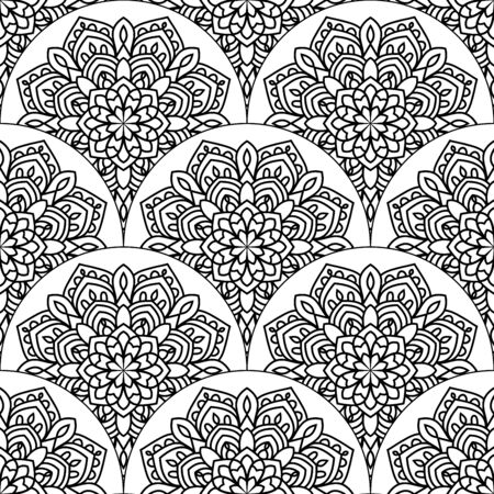 Abstract mandala fish scale seamless pattern. Ornamental tile, mosaic background. Floral patchwork infinity card. Arabic, Indian, ottoman motifs. Vector illustration.のイラスト素材