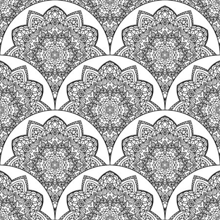 Abstract mandala fish scale seamless pattern. Ornamental tile, mosaic background. Floral patchwork infinity card. Arabic, Indian, ottoman motifs. Vector illustration.のイラスト素材