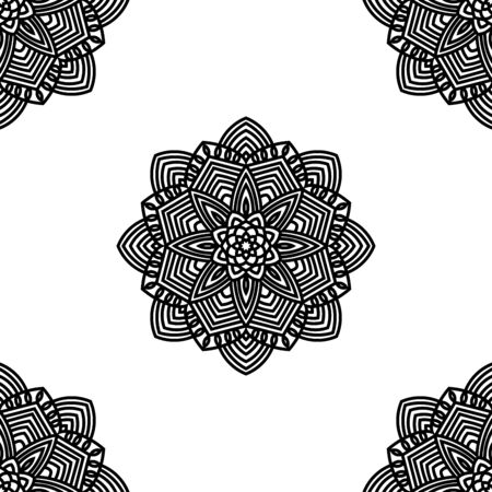 Fantasy seamless pattern with ornamental mandala. Abstract round doodle flower background. Floral geometric circle. Vector illustration.のイラスト素材