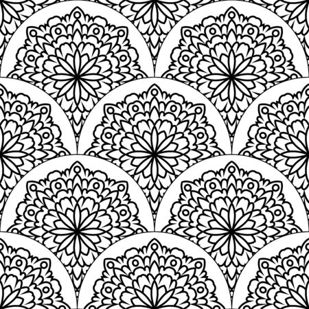 Abstract mandala fish scale seamless pattern. Ornamental tile, mosaic background. Floral patchwork infinity card. Arabic, Indian, ottoman motifs. Vector illustration.  のイラスト素材