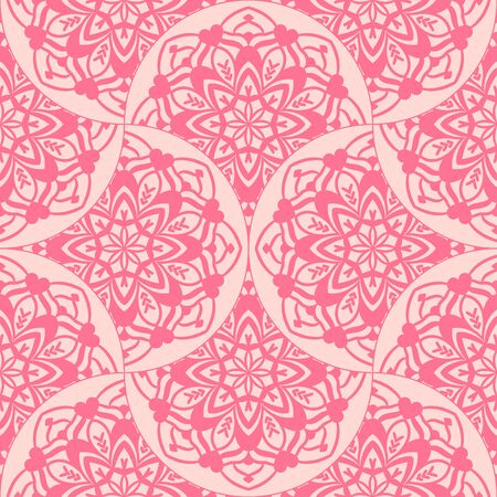 Abstract mandala fish scale seamless pattern. Ornamental tile, mosaic background. Floral patchwork infinity card. Arabic, Indian, ottoman motifs. Vector illustration.のイラスト素材