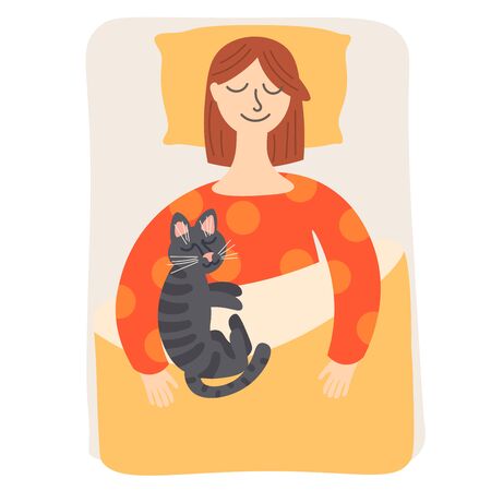 Woman with cat sleeping in flat style isolated on white background. Vector illustration.のイラスト素材