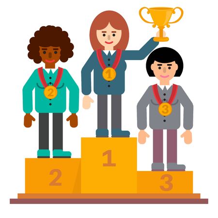 Successful, smiling, young, happy business women standing on the victory podium holding a winning trophy and medals in flat style. Partnership and teamwork in business concept. Vector illustration.のイラスト素材