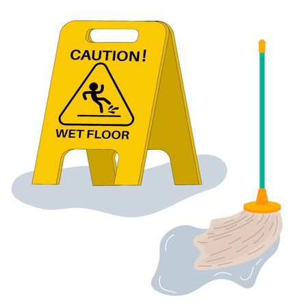 Cartoon caution wet floor sign on the nameplate in flat style in puddle isolated on white background. Wet mop. Vector illustration. のイラスト素材