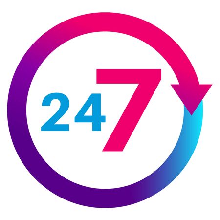 Open 24/7 icon. Colorful arrow and text. Service concept, online support isolated on white...