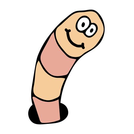 Cartoon linear doodle retro happy worm crawling out of a hole isolated on white background. Vector...