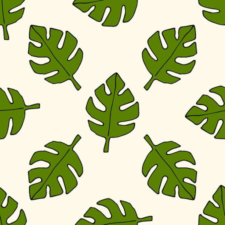 Cartoon doodle Monstera leaves seamless pattern. Floral background. Hand drawn leaf. Vector illustration.のイラスト素材