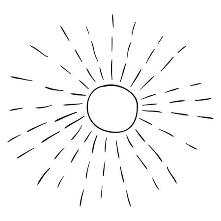 Cartoon doodle linear sun with rays isolated on white background. Vector illustration.のイラスト素材