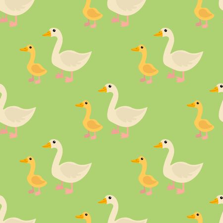 Cartoon cute goose and gosling family in flat style seamless pattern. Farm animal background. Vector  illustration.のイラスト素材