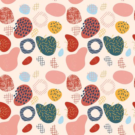 Colorful Memphis style messy abstract seamless pattern with uneven textured round stains, spots, geometrical shapes on pastel background. Vector illustration.のイラスト素材