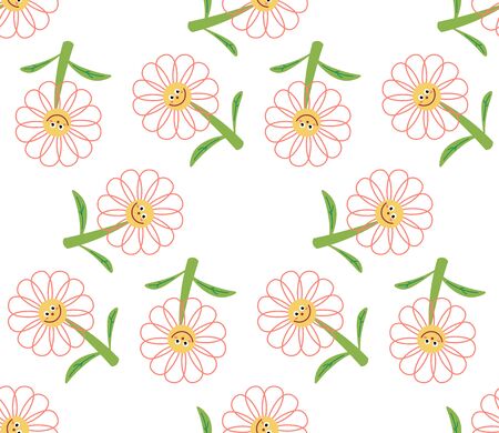 Cute cartoon flower characters in flat style seamless pattern. Floral childlike style mosaic background. Vector illustration.のイラスト素材