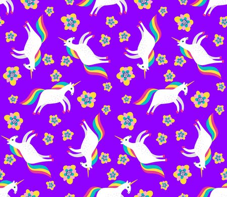 Cute cartoon unicorn with flowers in flat childlike style seamless pattern. Bright fantasy mosaic background. Vector illustration.のイラスト素材