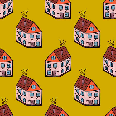 Cartoon doodle linear house seamless pattern. Building infinity background. Town, city backdrop.のイラスト素材