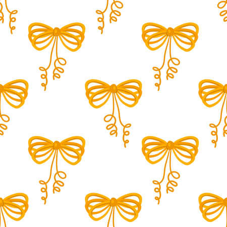 Cartoon seamless pattern with decorative golden bows. Gift ribbons satin for Christmas gifts, present cards and pack background. Wrapping paper. Vector illustration.のイラスト素材
